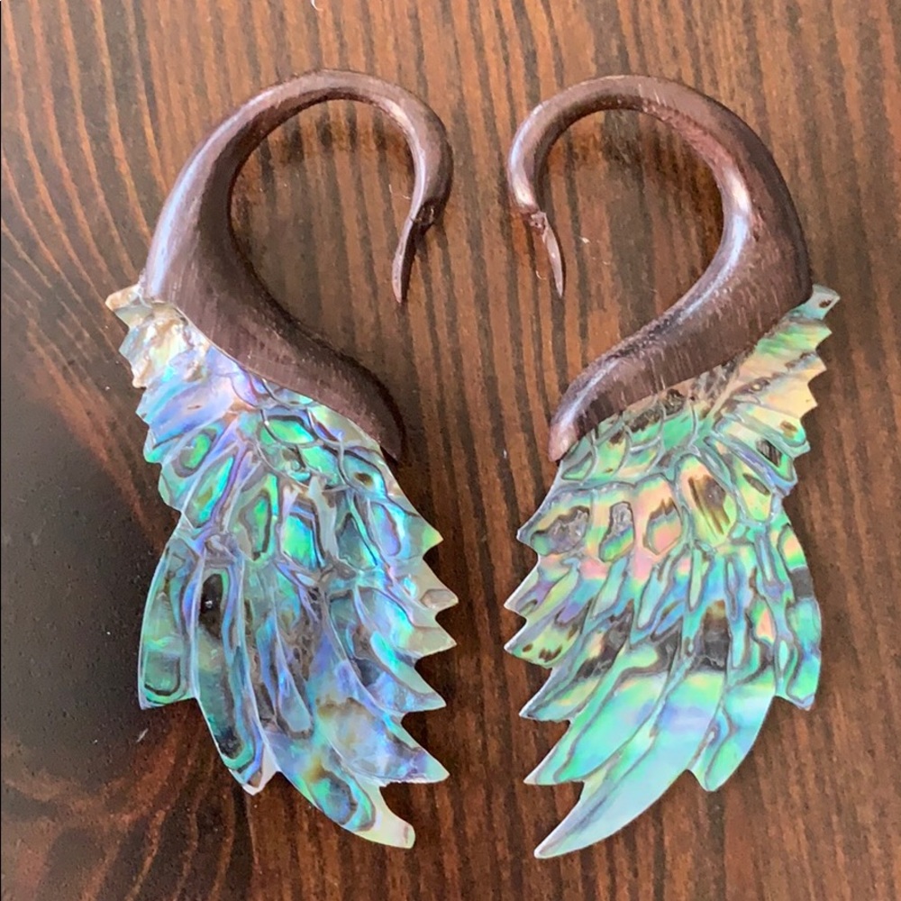 Gorgeous 8 gauge wood and abalone swan earrings